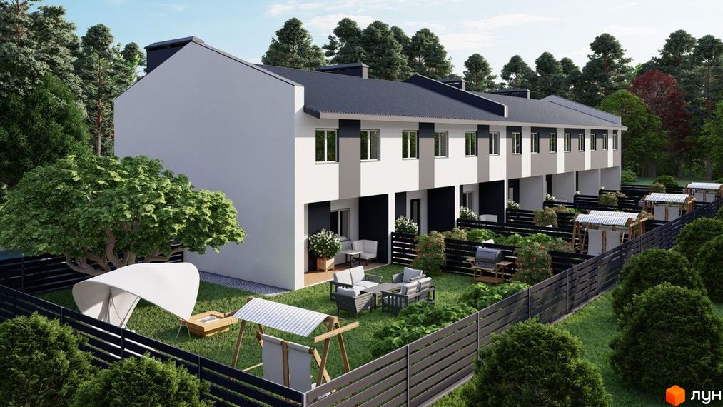 Зображення таунхаусів Smart Country House 2 з прибудинковою територією. На подвір'ї є місце для відпочинку та дитячий майданчик.