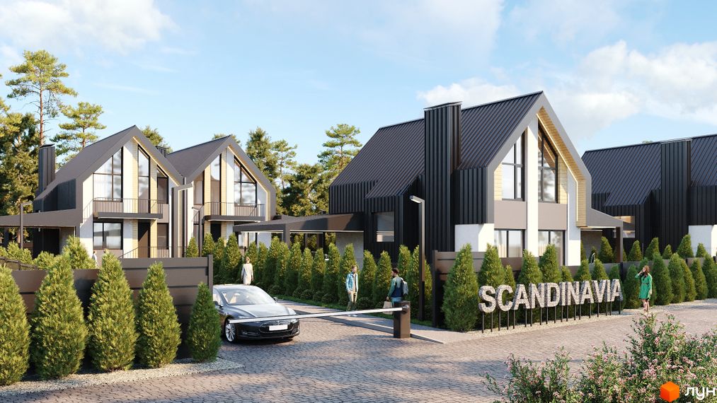 Вигляд котеджів у Котеджному містечку Scandinavia з темними дахами та великими вікнами. На передньому плані зелені насадження та вхідна група.