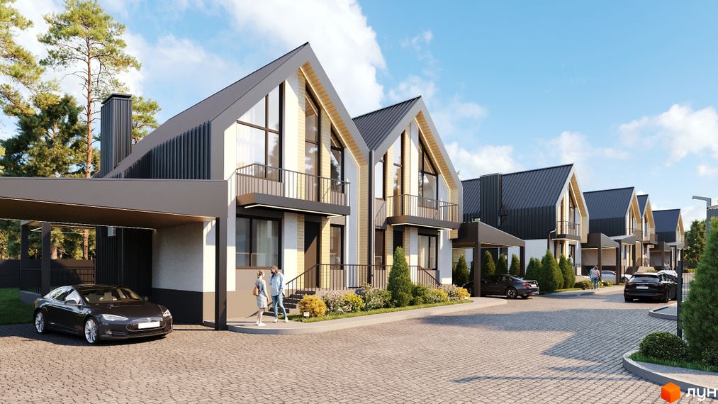 Зображення будинків у Котеджному містечку Scandinavia. На фото видно фасади будинків та облаштовану прибудинкову територію.