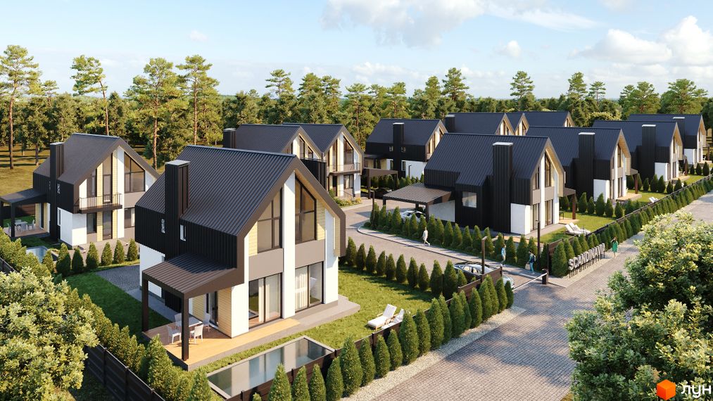 Зображення котеджів з темними дахами та світлими стінами в Котеджному містечку Scandinavia. Навколо будинків зелені насадження та доглянута територія.