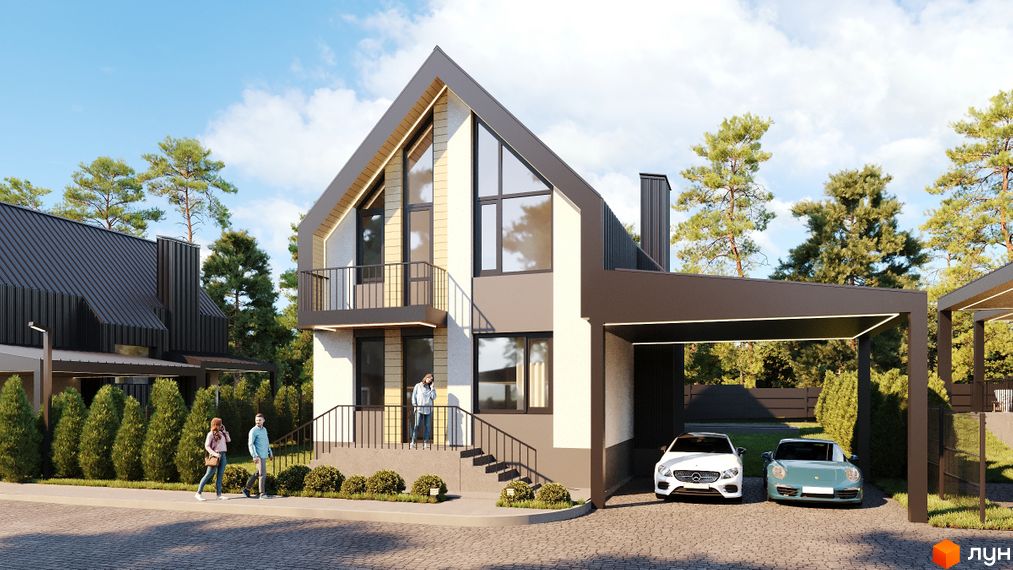 Зображення будинку в Котеджному містечку Scandinavia з великими вікнами та автомобілями на подвір'ї.