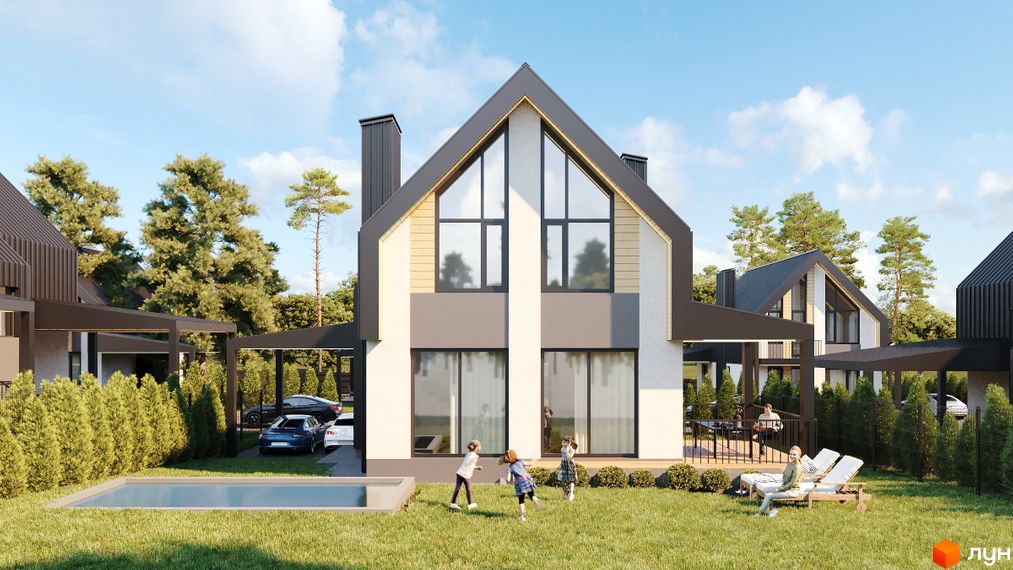 Зображення Котеджного містечка Scandinavia з будинками з великими вікнами та зеленим газоном. На території басейн, дерева та відпочиваючі люди.