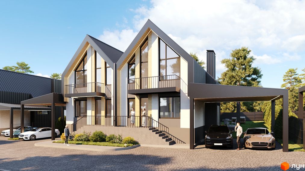 Зображення двоповерхового будинку в Котеджному містечку Scandinavia з великими вікнами та автомобілями на подвір'ї.