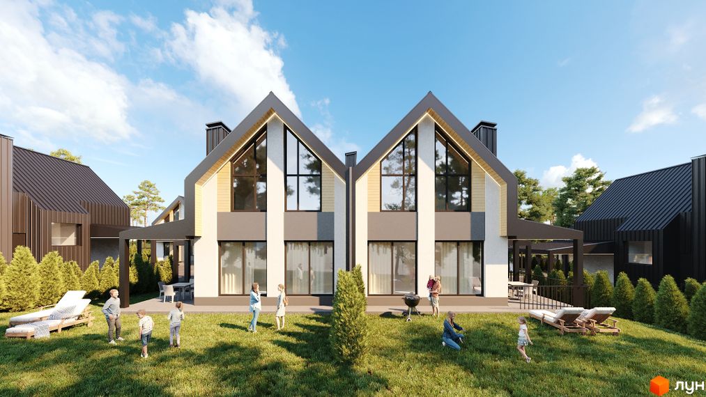 Зображення Котеджного містечка Scandinavia. Двоповерхові будинки з великими вікнами та газоном, де відпочивають люди.