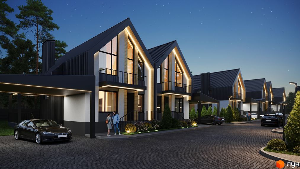 Котеджне містечко Scandinavia з будинками з двосхилими дахами та терасами, вхідною групою з рослинами та бруківкою на території.