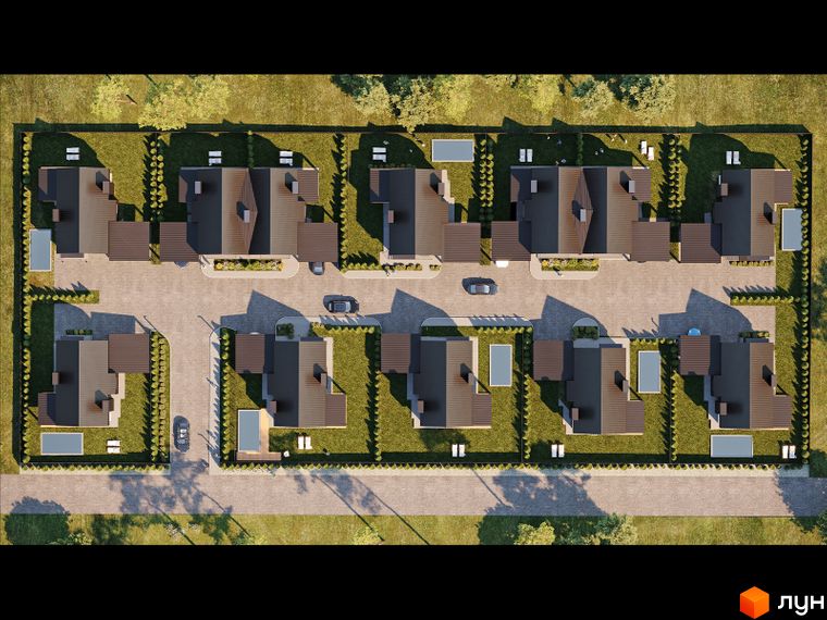 Вид зверху на будинки КМ Scandinavia з коричневими дахами та доглянутою прибудинковою територією з газонами, кущами та місцями для паркування.