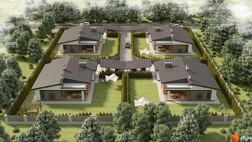 Житловий комплекс на вул. Мазепи: окремі будинки з темними дахами, світлими фасадами, великими вікнами, зеленими газонами та деревами.