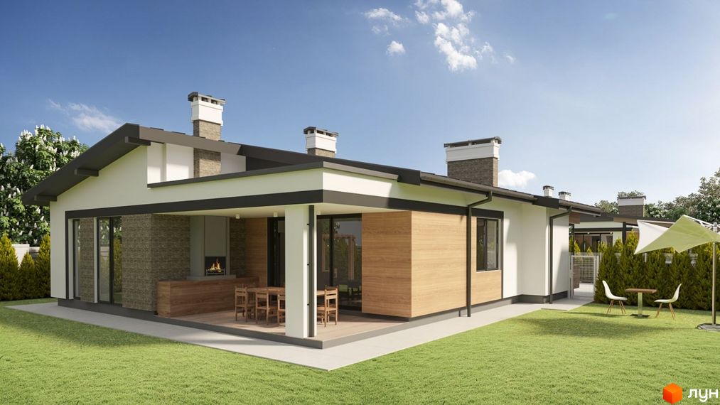 Одноповерховий будинок з великими вікнами та терасою, що виходить на зелений двір з альтанкою та столом. Розташований на вулиці Мазепи.