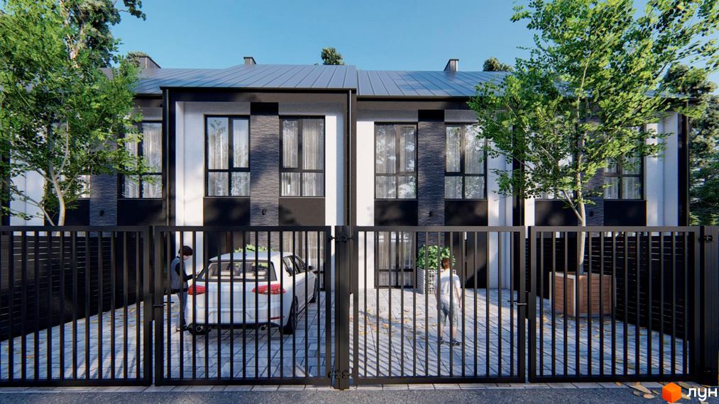 Двоповерхові будинки за адресою вул. Кленова, 67 з контрастними фасадами та темними дахами. Прибудинкова територія має чорний паркан, бруківку та зелені насадження.