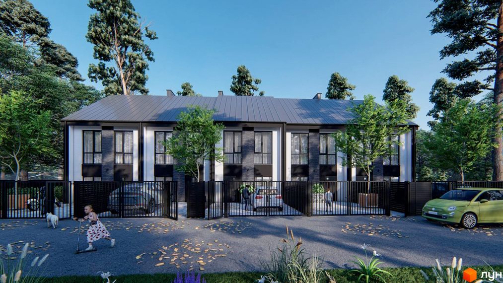 Сучасний житловий комплекс на вулиці Кленовій, 67, з фасадами з білої штукатурки та темного каменю, великими вікнами та сірим дахом. Прибудинкова територія огороджена чорним парканом, з автомобілями та зеленим газоном.