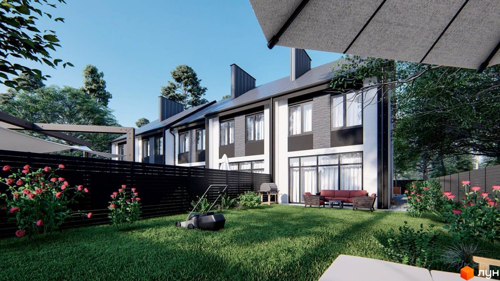 Ряд двоповерхових таунхаусів з чорно-білим фасадом та великими вікнами. На передньому плані зелений газон, квітучі кущі та зона відпочинку.
