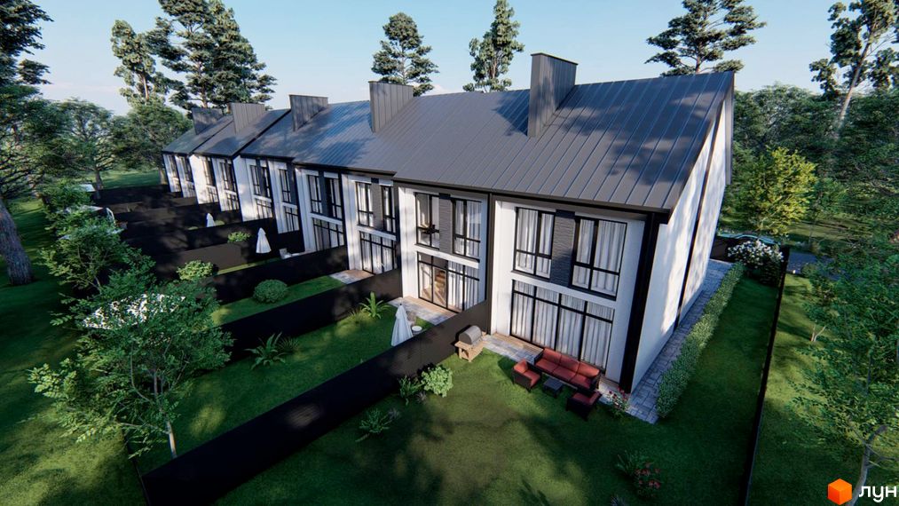 Зовнішній вигляд триповерхових будинків з великими вікнами та сірим дахом на вул. Кленова, 67. Прибудинкова територія з газоном, деревами та зоною відпочинку.