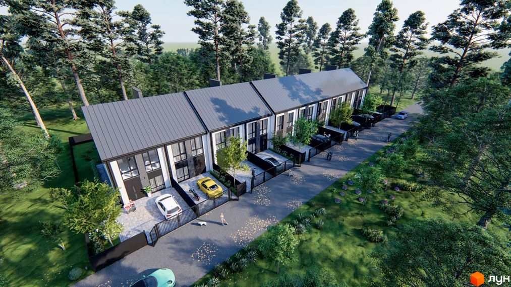 Ряд таунхаусів з сірими дахами та чорно-білими фасадами на вул. Кленова, 67. Територія облаштована зеленими насадженнями та паркувальними місцями.