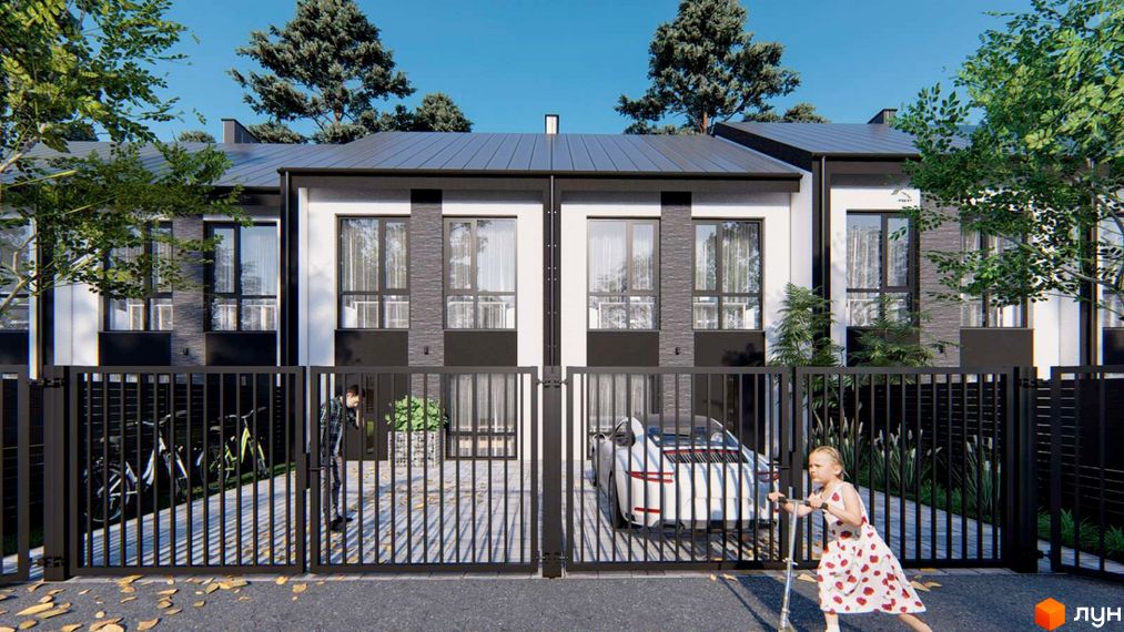 Фасад двоповерхових будинків житлового комплексу на вул. Кленова, 67 з темними дахами та білими й темними фасадами. На подвір'ї огорожа, автомобіль та діти.