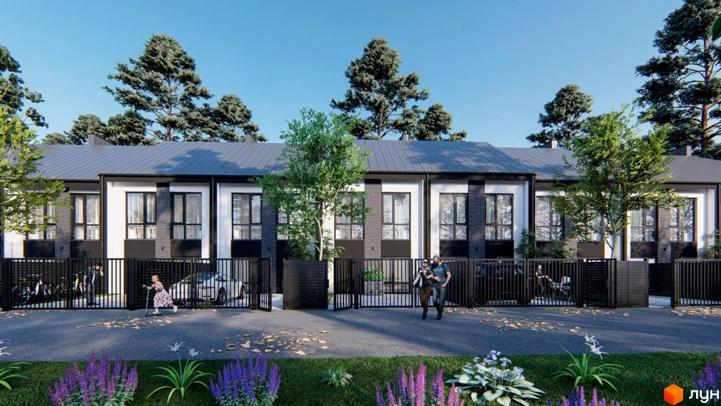 Зовнішній вигляд таунхаусів у житловому комплексі на вул. Кленова, 67, з парканом та зеленими насадженнями. На території видно людей та автомобілі.