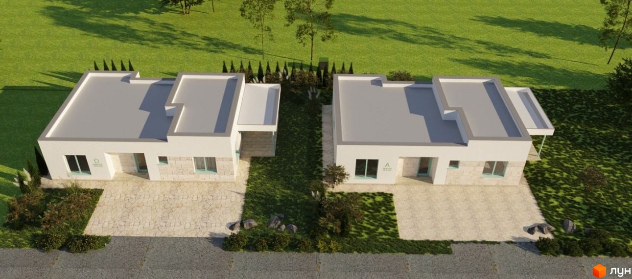 Котеджне містечко Чапаєвка: два будинки з білими фасадами та кам'яним оздобленням. Навколо зелений газон та вимощені доріжки.