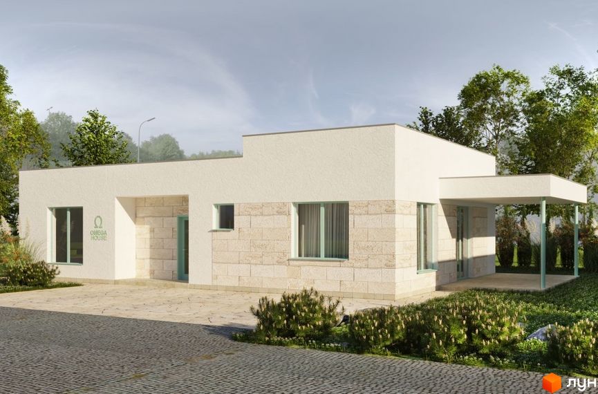 Котеджне містечко Чапаєвка: одноповерховий будинок з білою штукатуркою та кам'яним оздобленням фасаду, зелені вікна та двері, навіс для авто, доглянутий двір з кущами та бруківкою.