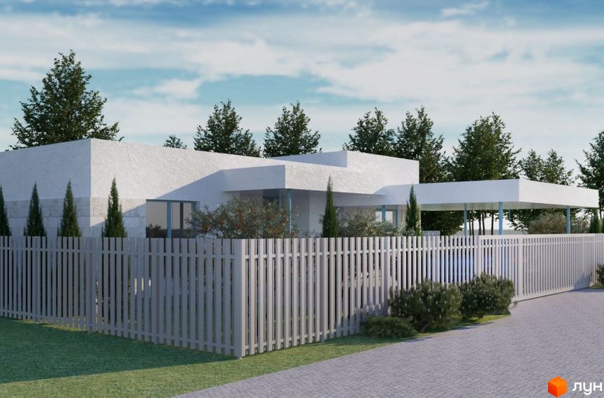 Котеджне містечко Чапаєвка: одноповерховий будинок з білою штукатуркою, великими вікнами та навісом, огороджений парканом.