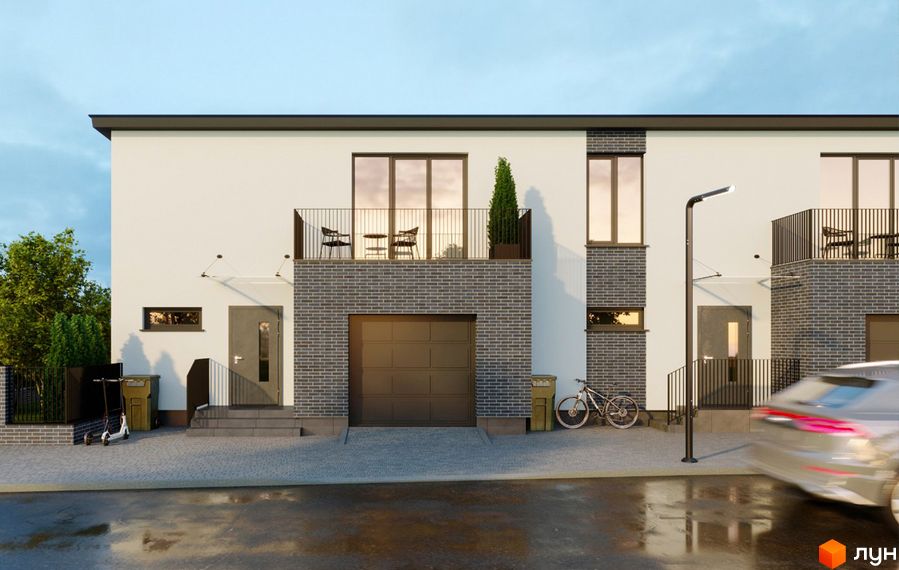 Зовнішній вигляд будинку житлового комплексу на вул. Гайдея, 10, з гаражем, балконами та прибудинковою територією з велосипедом та електросамокатами.