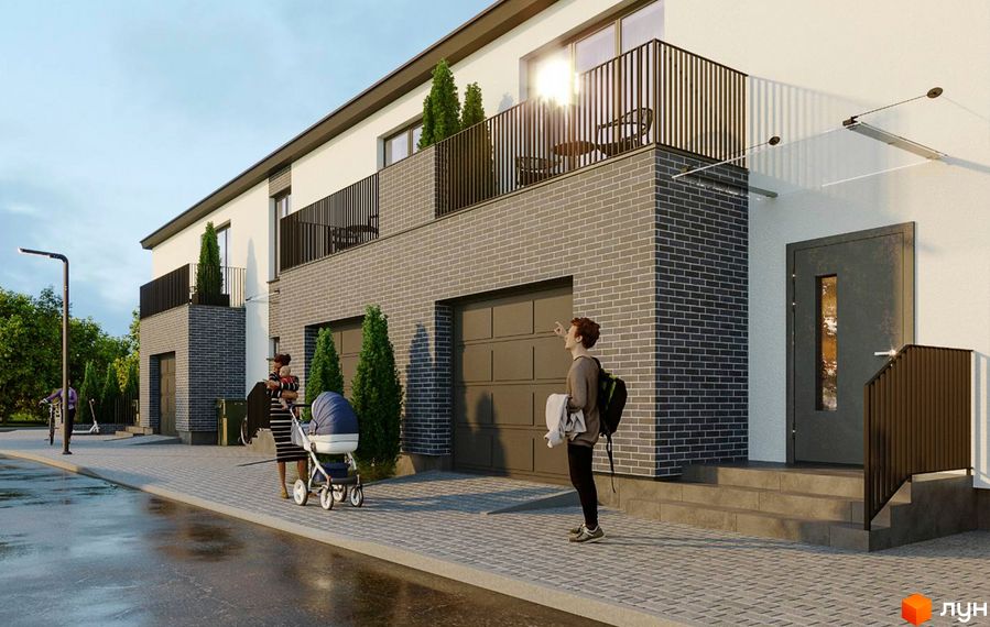 Фасад житлового комплексу на вул. Гайдея, 10 з цегляним оздобленням та балконами. Поруч розташована брукована доріжка з дитячим візочком та людьми.