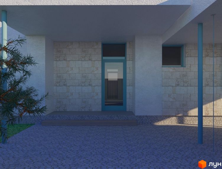 Котеджне містечко Чапаєвка: вхідна група з білою цегляною стіною та блакитними вікнами. Територія перед будинком вимощена бруківкою.