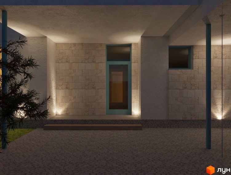 Котеджне містечко Чапаєвка: вхідна група з підсвічуванням та бруківкою. Зовнішній вигляд будинку з кам'яною облицовкою та вікнами.