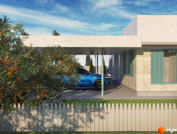 Котеджне містечко КМ Чапаєвка: сучасний будинок з цегляним фасадом та блакитними вікнами, прибудинкова територія з автомобілем під навісом та зеленою огорожею.