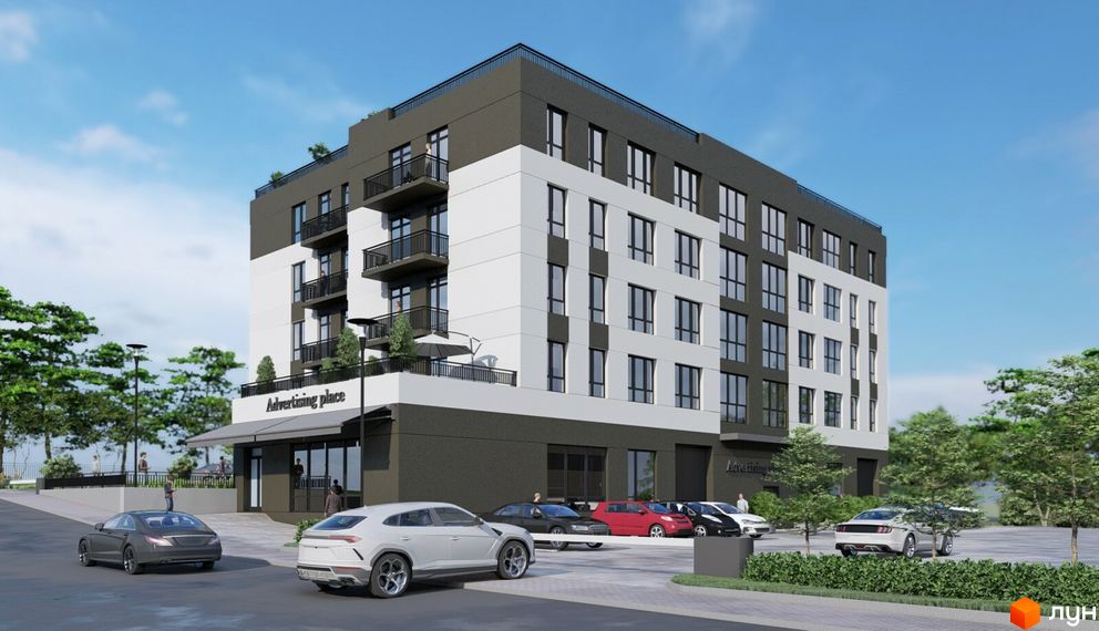 Зображення будинку Житлового комплексу Advertising place з припаркованими автомобілями та озелененням території.