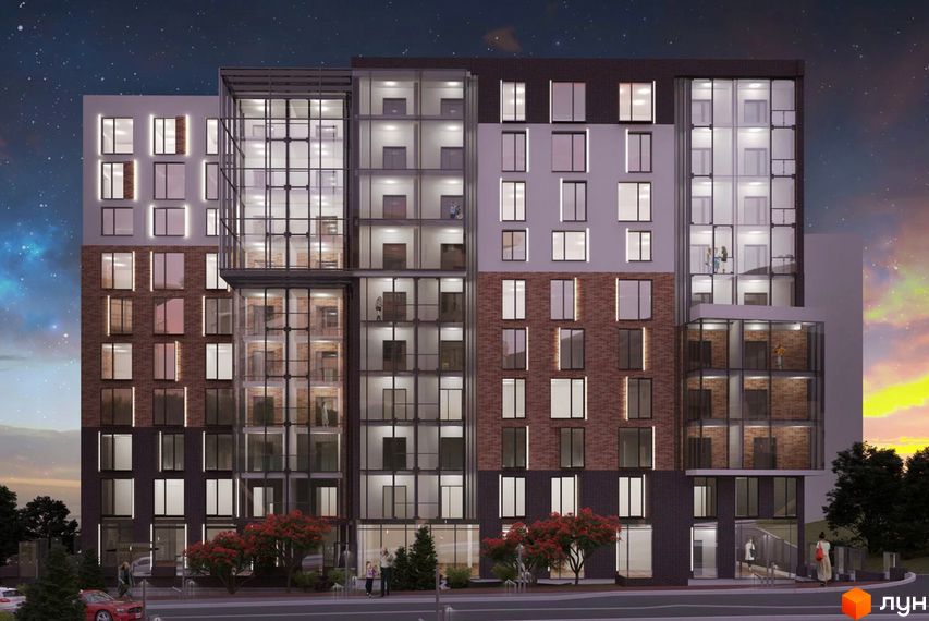 Зображення фасаду Новобудови GREENLAND з великими вікнами та скляними балконами. На передньому плані зелені насадження.