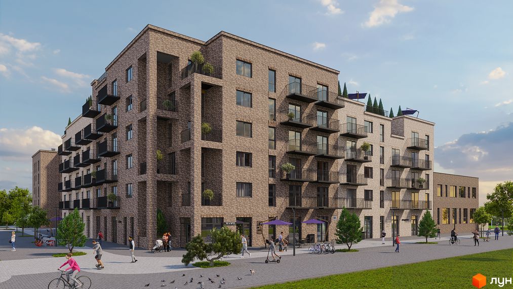 Зовнішній вигляд житлового комплексу WAWEL з цегляним фасадом та балконами, прибудинкова територія з зеленими насадженнями та місцями для відпочинку.