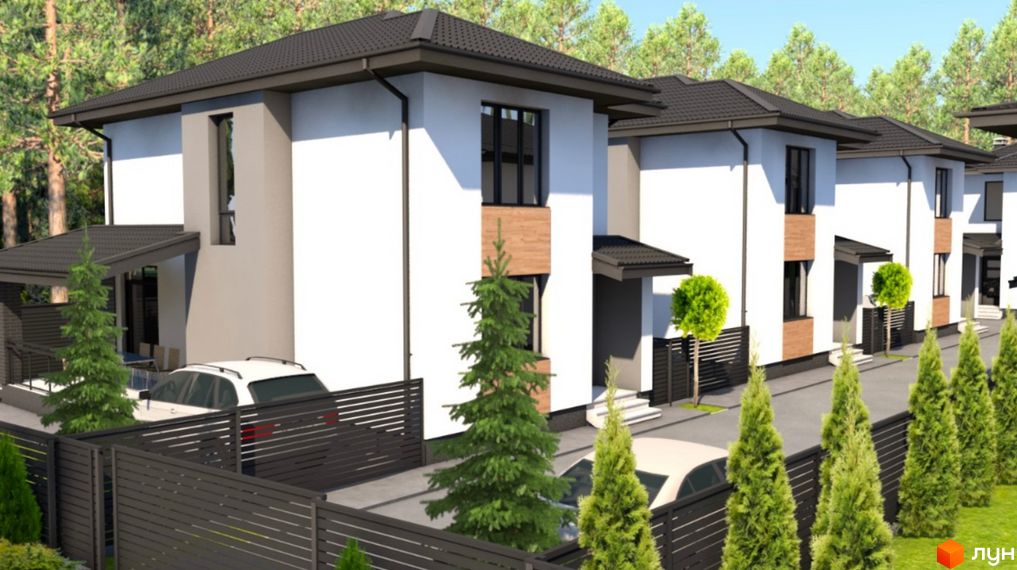 Котеджне містечко КМ Forest town: білі двоповерхові будинки з темними дахами та парканами, зелені ялинки та дерева на території. Автомобілі припарковані біля будинків.