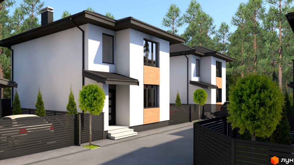 Котеджне містечко КМ Forest town: двоповерхові будинки з білими стінами, чорними дахами та дерев'яними елементами фасаду. Озеленена територія з парканом та деревами.