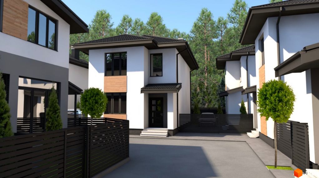 Котеджне містечко Forest town: фасади будинків з дерев'яними елементами та чорними дахами, огороджена територія з доглянутими деревами.