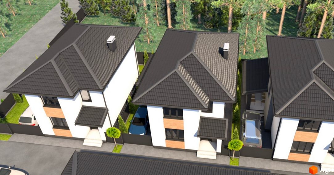 Котеджне містечко Forest town. Триповерхові будинки з темним дахом, білими стінами та дерев'яними елементами фасаду. Прибудинкова територія з парканом, зеленими насадженнями та автомобілями.