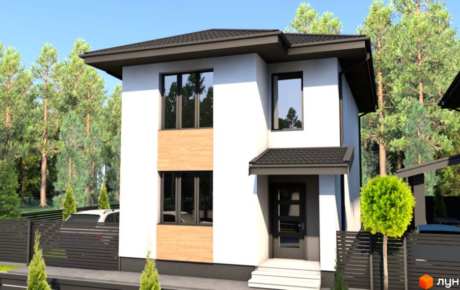 Котеджне містечко КМ Forest town: двоповерховий будинок з білими стінами та дерев'яними вставками, огороджена територія з деревами та автомобілем.