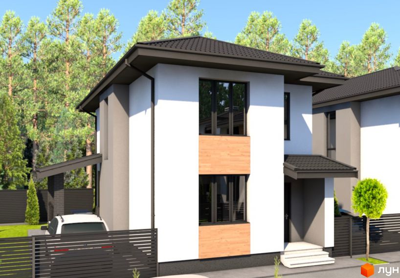 Котеджне містечко КМ Forest town: двоповерховий будинок з білою та дерев'яною обробкою фасаду, великими вікнами, на тлі зелених дерев. Прибудинкова територія огороджена парканом, є автомобіль.