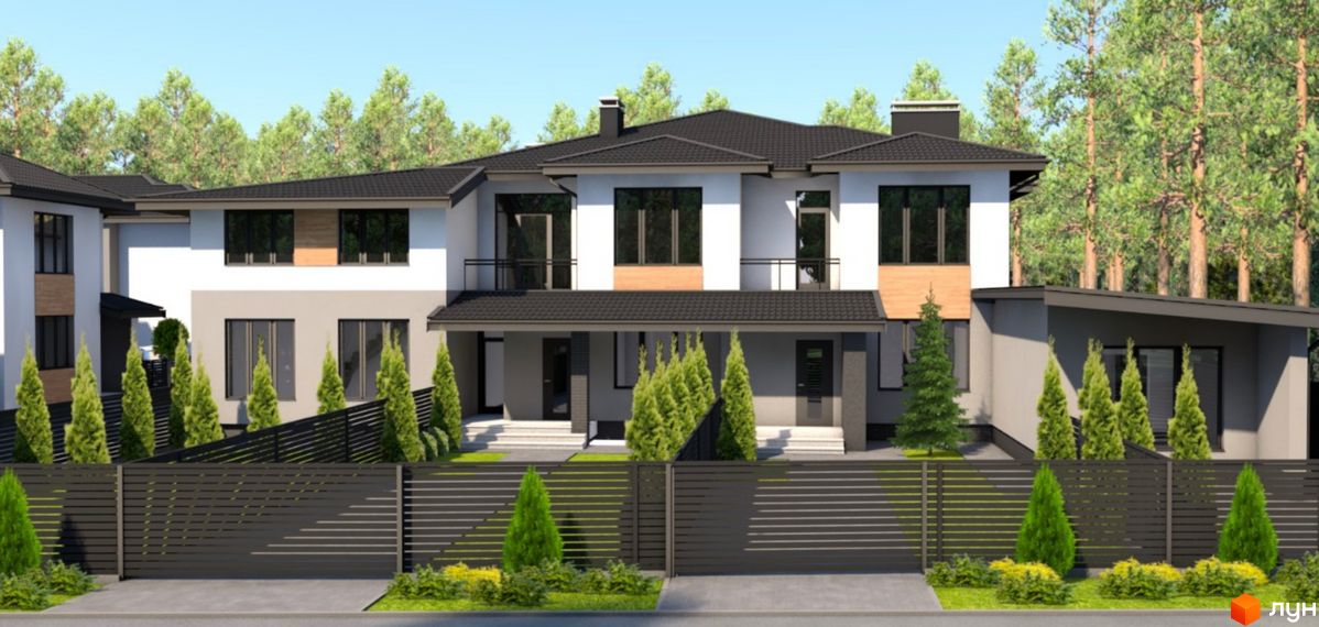 Котеджне містечко КМ Forest town: фасади будинків з великими вікнами та балконами, огороджена територія з туями та кущами.