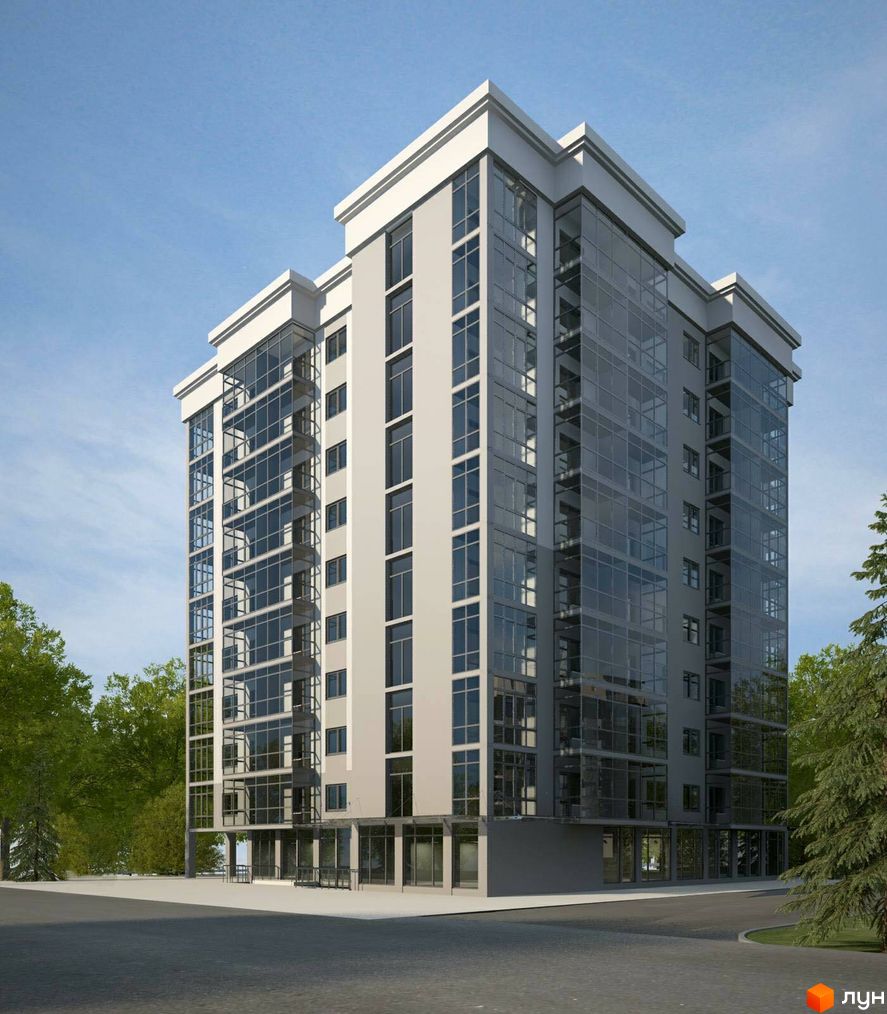 Житловий комплекс Сафрон - це багатоповерхова новобудова з панорамним склінням та сірими фасадами, розташована серед зелених дерев.