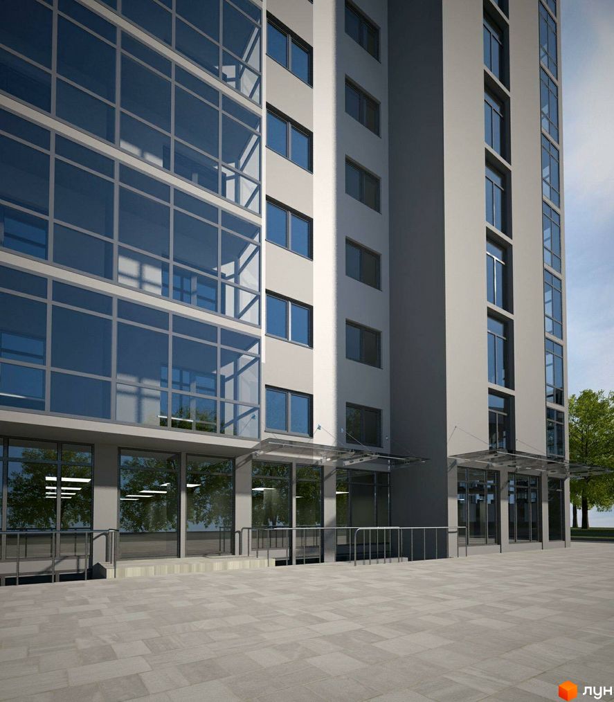 Зовнішній вигляд новобудови ЖК Сафрон з панорамними вікнами та сірою фасадною частиною. Прибудинкова територія викладена плиткою з металевими перилами.