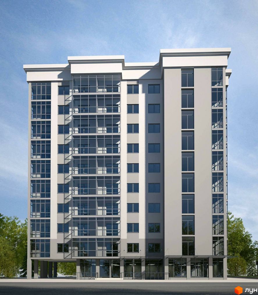 Зовнішній вигляд новобудови ЖК Сафрон з великою кількістю скління та балконами. Навколо будівлі видно зелені дерева та блакитне небо.