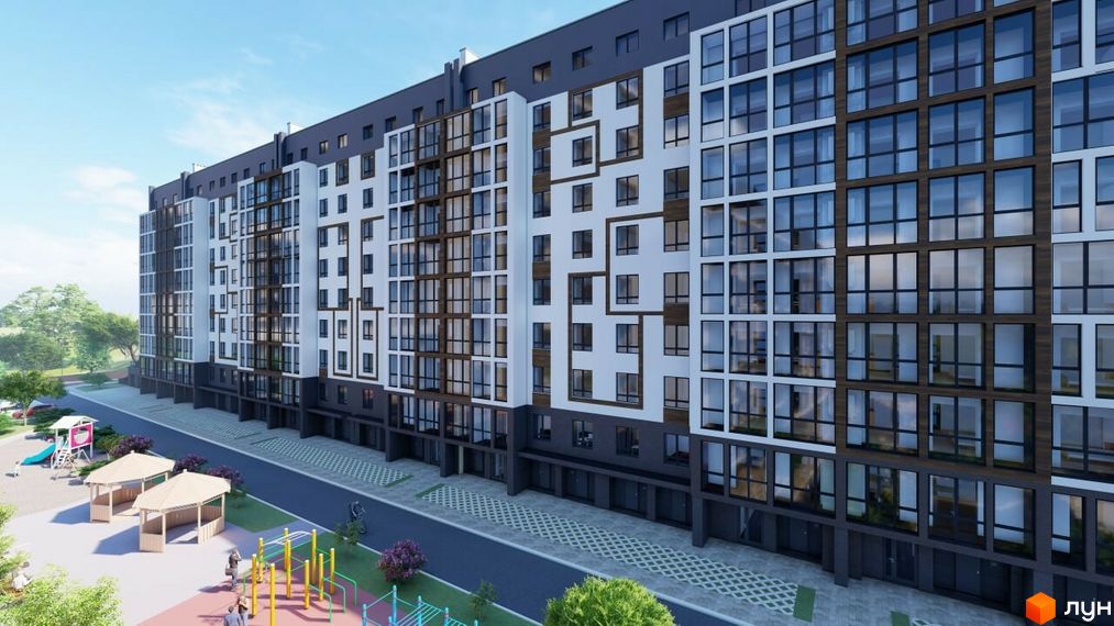 Зовнішній вигляд багатоповерхового будинку ЖК Болгарський з великою кількістю вікон та прибудинковою територією з дитячим майданчиком та зонами відпочинку.