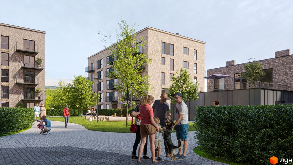 Новобудова ЖК WAWEL з цегляним фасадом та балконами, зелена прибудинкова територія з доріжками та людьми.