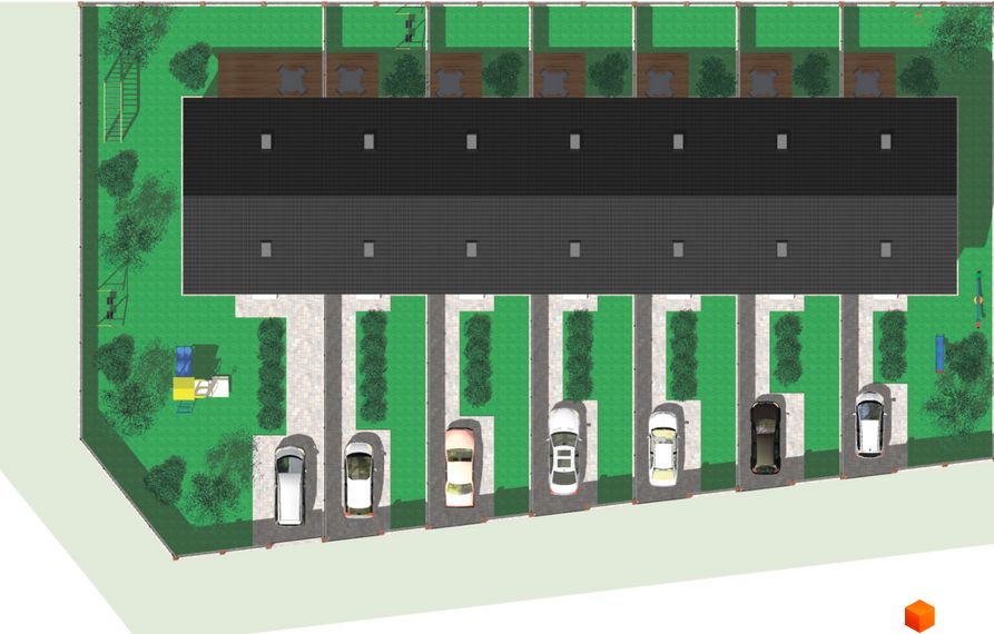 Котеджне містечко КМ Одноповерховий Київ - Віта-Поштова. Вид зверху на котеджі з паркуванням та зеленою зоною.