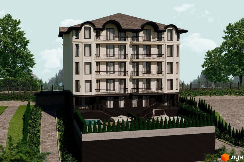 Високий будинок Prestige Palace з балконами та панорамними вікнами. На території ЖК є зелені насадження, басейн та доріжки для прогулянок.