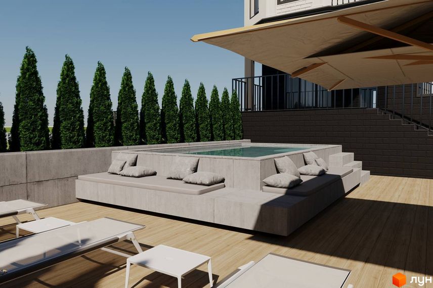 Житловий комплекс Prestige Palace: тераса з басейном, зона відпочинку з подушками та сонцезахисною конструкцією. На задньому плані - зелені насадження та будівля.