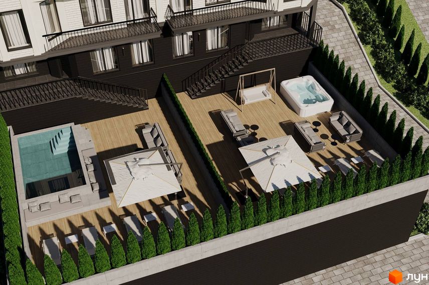 Вид на ЖК Prestige Palace з басейном та зоною відпочинку на терасі. Сучасна архітектура з відкритими балконами та сходами.