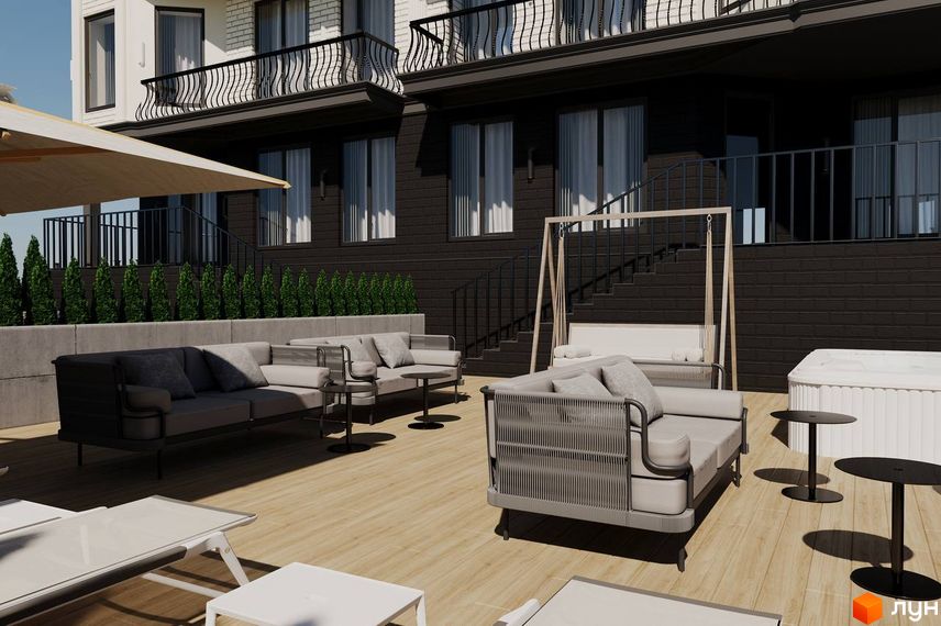 Зображення сторінки ЖК Prestige Palace: фасад будівлі з балконами та тераса з меблями для відпочинку.