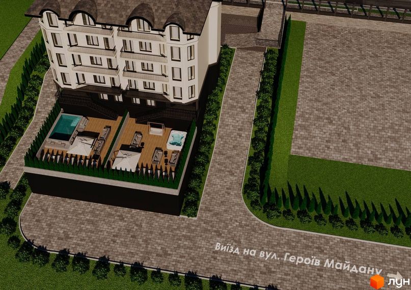 Житловий комплекс Prestige Palace: багатоповерховий будинок з темним дахом та балконами. Прибудинкова територія з бруківкою, газонами та зонами відпочинку з басейном.