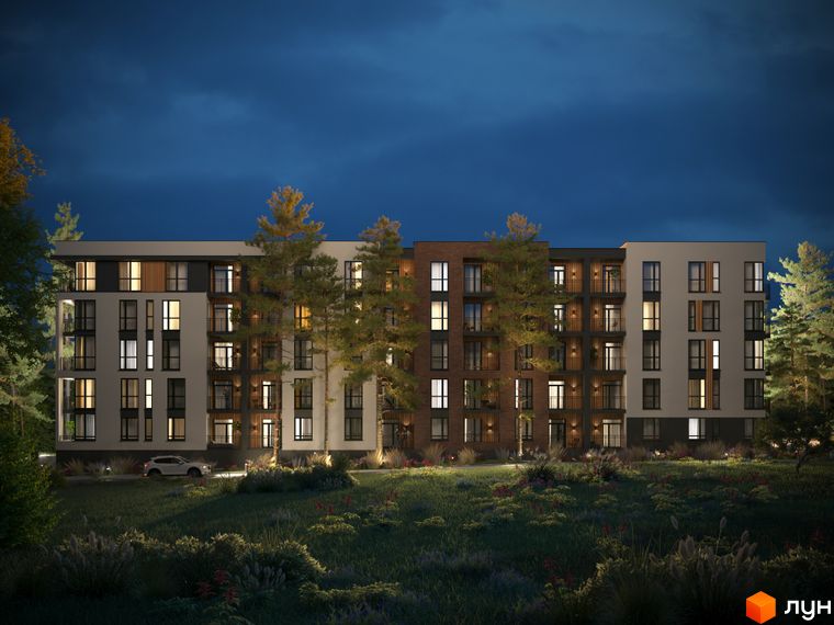 Зображення ЖК SVOЇ PARKHOUSE вночі: багатоповерховий будинок з підсвіченими вікнами, поруч зелена прибудинкова територія з рослинністю.