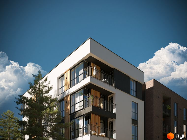 Житловий комплекс SVOЇ PARKHOUSE з білими фасадами та балконами, поруч дерева та блакитне небо з хмарами.